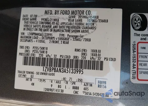 2010 Ford Mustang V6/V6 Premium из США, поврежденный, VIN 1ZVBP8AN3A5133995